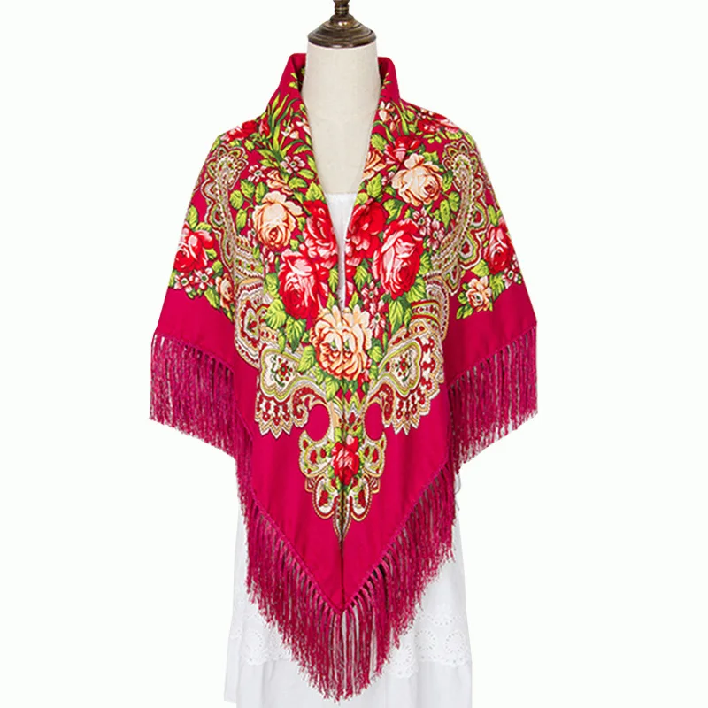 

National Russian Retro Floral Big Cotton Square Scarf with Long Tassel Winter Blanket Scarves Shawls Wraps Pashmina 135x135cm