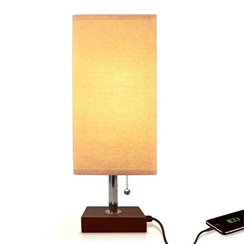 

USB Table Lamp, Modern Design Bedside Table Lamps with USB Charging Port, Wooden Black Base Fabric Shade Nightstand Table Lamps