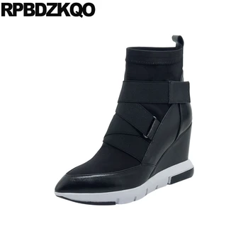 

Stretch Fall 2018 Fur Autumn Shoes Wedge Black High Heel Ankle Pointed Toe Brand Women Winter Boots Genuine Leather Casual Short