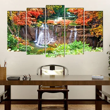 

Natural view waterfall realist canvas painting pastoral art prints 5 psc classical wall pictures for parlor bedroom lobby office