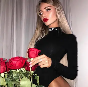 

Cotton Turtleneck Letter Print Bodysuits Women Autumn Sexy Long Sleeve Playsuits Black Bodycon Tops Female Solid Style