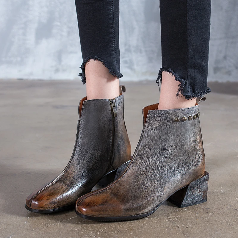 

Rivet Shoes Women' s Boots 2018 New Arrival Ankle Booties Female Chunky Heel Handmade Vintage Round Toe Lady Shoes