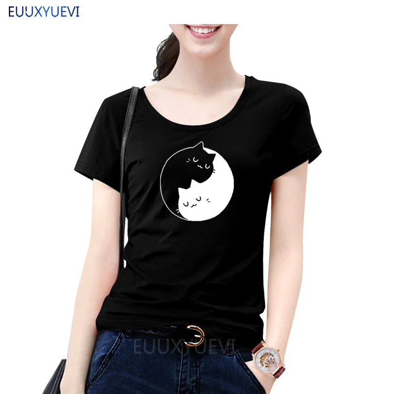 Женские топы Yin and Yang Cat хлопковая футболка с коротким рукавом модная летняя