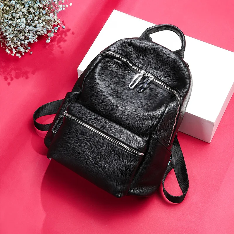 

2018 Black College School Bag for Girl Laptop Business Travel Bag Luxury Cowhide Leather Women Backpack Daypack Simple Design