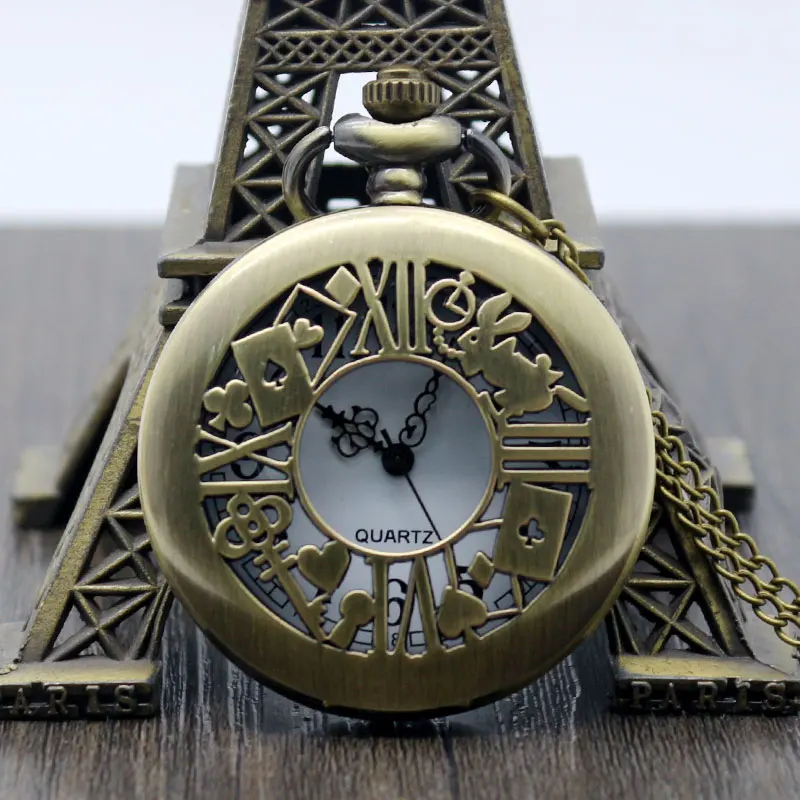 

Alice in Wonderland Theme Rabbit & Playing Card & Key Pocket Watch Vintage Necklace Pendant Bronze Watches Gift