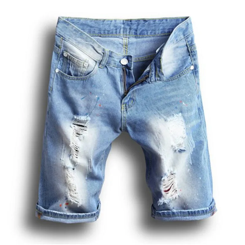 

Large size Men Hole Denim Shorts Male short jeans 2017 New summer casual Light blue short jeans short pants Size 28-38 No Belt