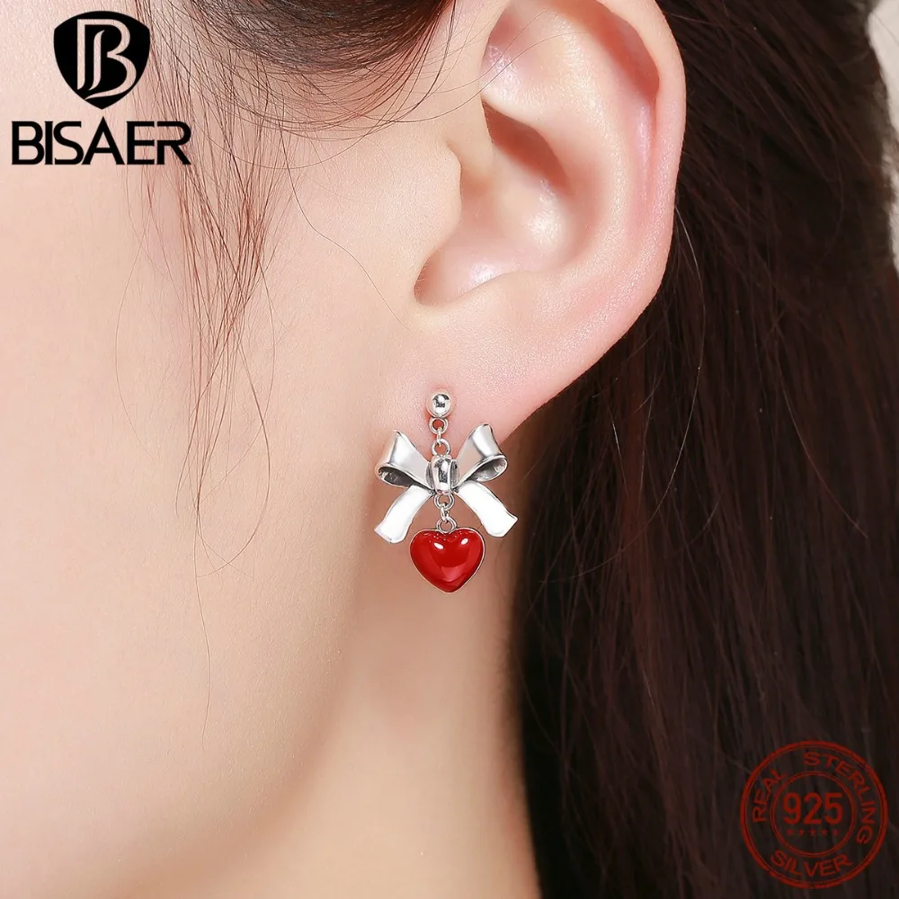 

BISAER Authentic 925 Sterling Silver Sweet Red Heart Bowknot Drop Earrings for Women Silver Jewelry Romantic Gift Girl HSE355