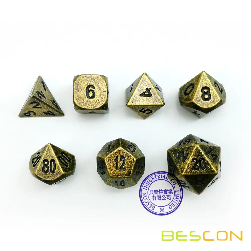 Bescon Ancient Brass Solid Metal Polyhedral D&D Dice Set of 7 Antique Copper Metal RPG Role Playing Game Dice 7pcs Set 3