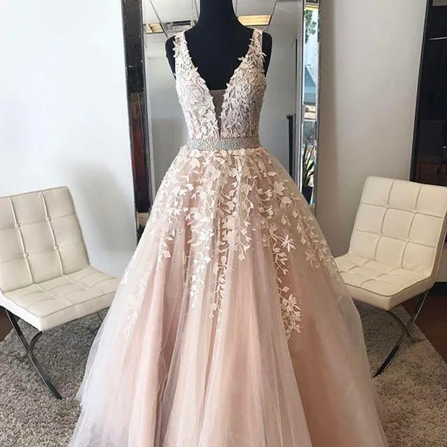 Blush Robe De Soiree 2019 A-line V-neck Tulle Appliques Lace Beaded Elegant Long Prom Dresses Prom Gown Evening Dresses
