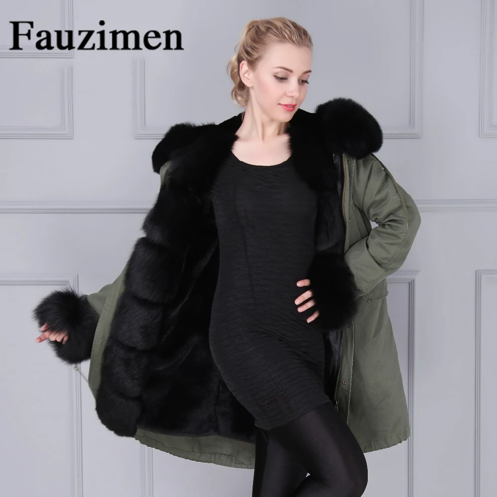 Free Shipping Winter Jacket Women Black Faux Fur lined Parka Large Fox