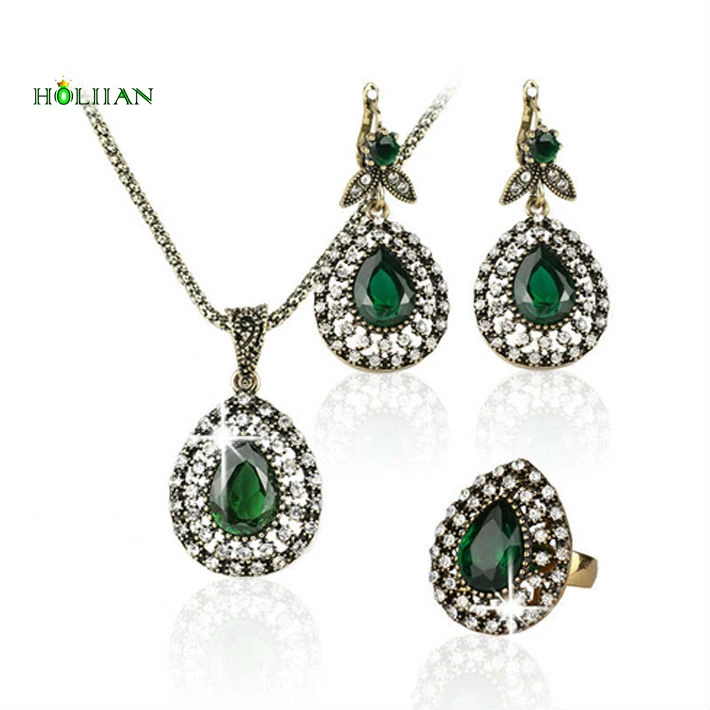 

Hot women vintage jewelry set old Gold-color red wine indian necklace earring ring set crystal green christmas gift hot sale