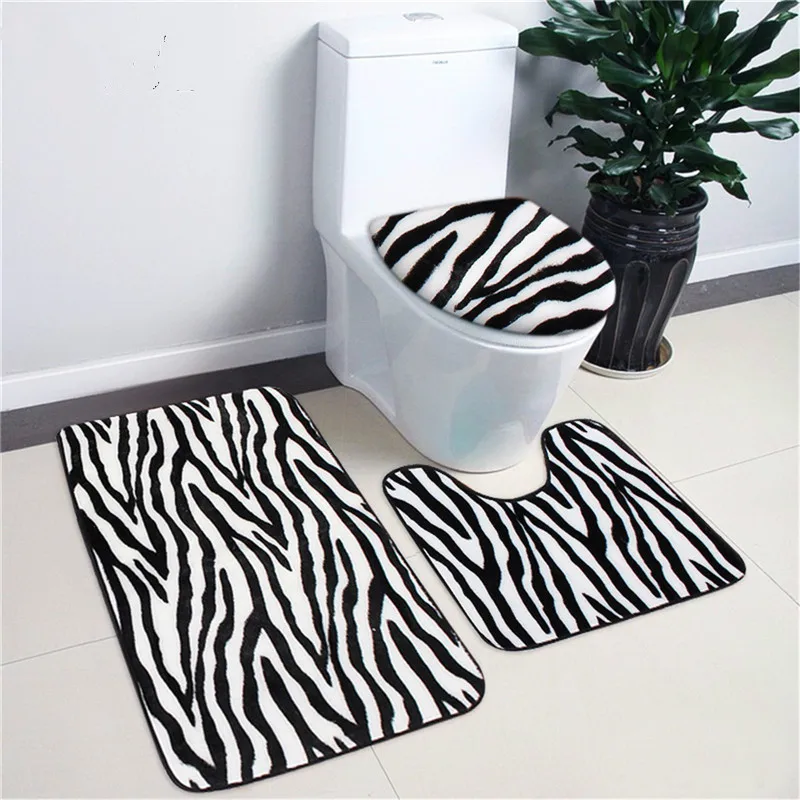 

3Pcs Bathroom Mat Bath Rug Set Animal Skin Print Contour Mat Lid Cover Washroom Foam Carpet Mesh Bathroom