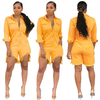 

Women Summer Slim Jeans Jumpsuit Lapel Pocket Shorts Jumpsuit Pockets Casual Streetwear Tassel Denim Overalls
