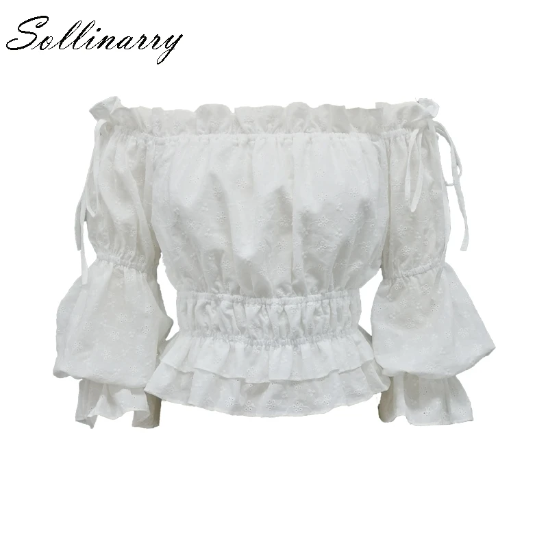 Sollinarry, белый Riffle, сексуальные женские осенние Топы, блузка,, с открытыми плечами, с вырезом, блузка, для девушек, рукав-фонарик, рубашка, зима, бохо - Цвет: Белый