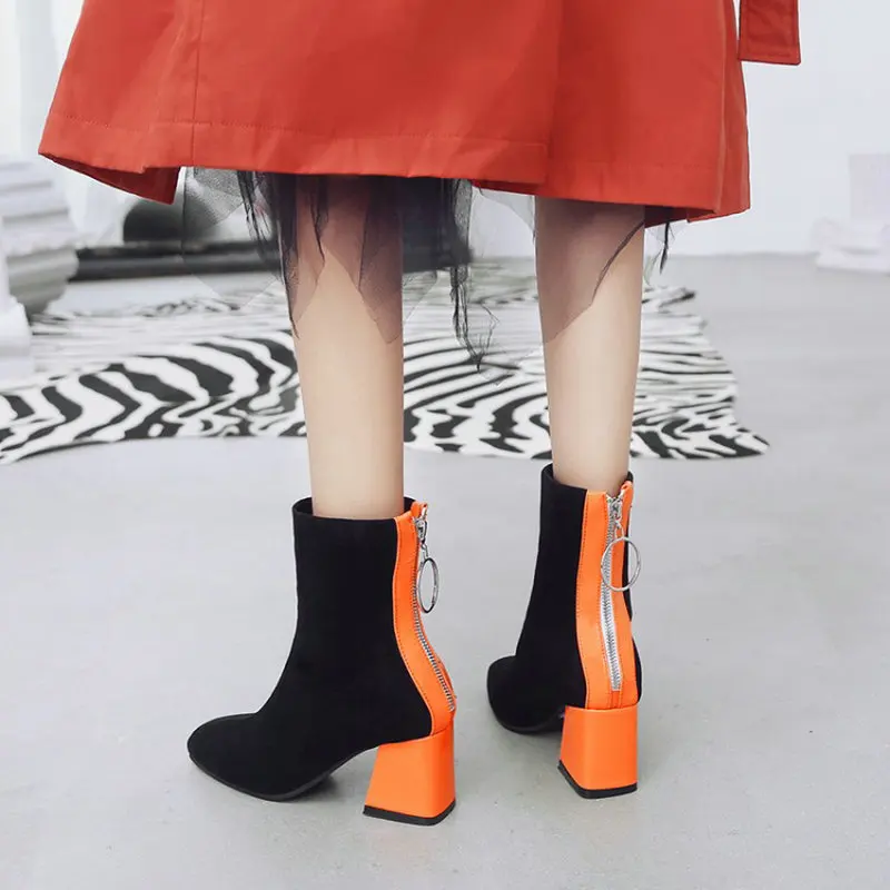 Ceny Sianie Tianie kontrastowy kolor pomarańczowy czarny blok wysokie obcasy buty kobieta rozciągliwa tkanina kobiety botki skarpetki rozmiar bucików 45 46