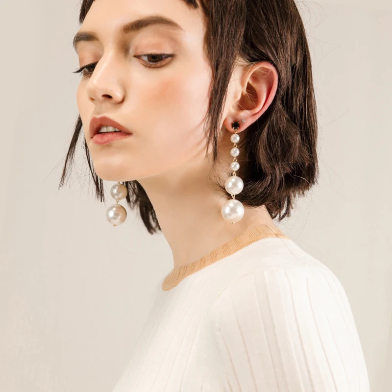 

Trendy Elegant Statement Jewelry Big Simulated Pearl Long Earrings Pearls String Drop Earring For Women Wedding Party Gift
