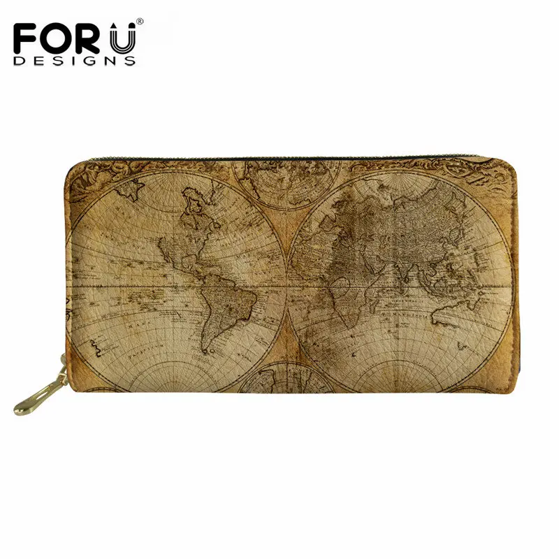 

FORUDESIGNS Women Men Vintage Long Wallet With Zipper World Map Wallet PU Leather Brand Design Men Clutch Purse Long Money Bags