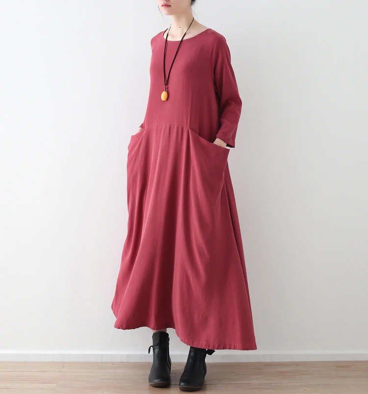 Plus Size Women Solid Black Red Dress Pockets Autumn New Casual Cotton Linen Loose O-Neck Vintage Long Sleeve Maxi Dress