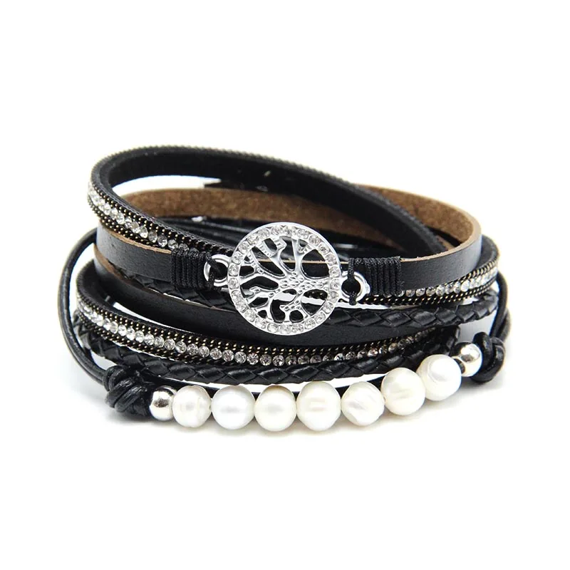 ZG Multiple Layers Punk Leather Bracelet For Men& Women Tree of Life jewelry Pearl Rhinestone Braid Charms Bracelets femme - Окраска металла: black