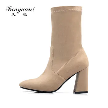 

Fanyuan New faux suede ankle boots square High heel women boots Sexy Pointed toe high heel shoes woman plus size Eur 46