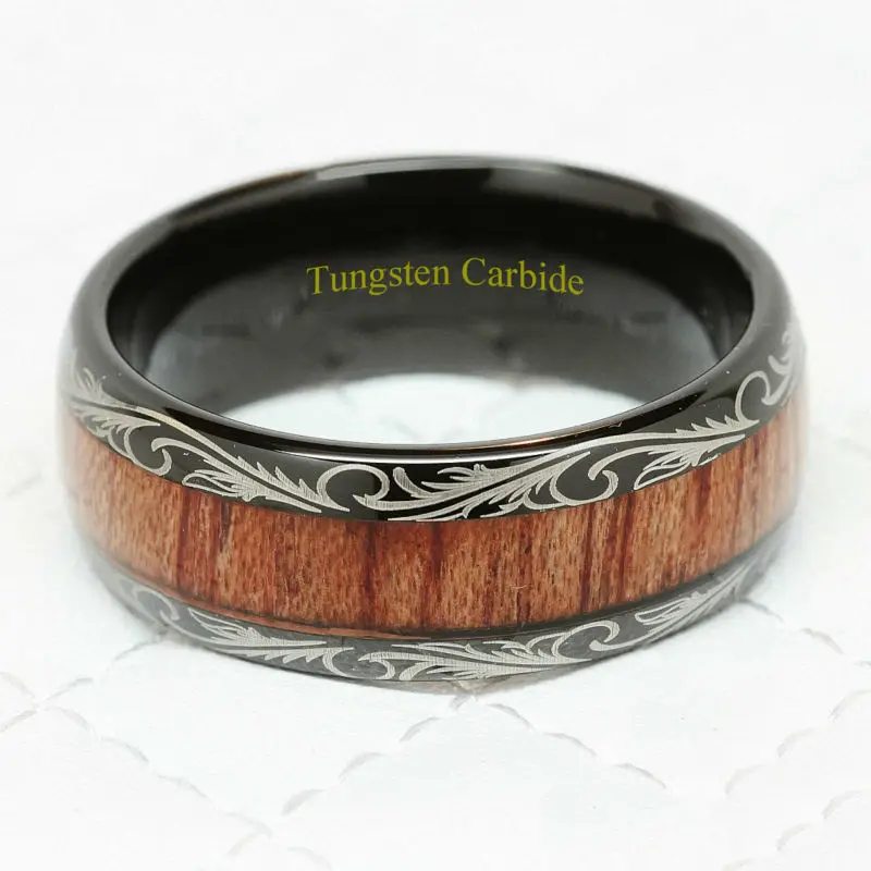 free shipping Mens Womens 8mm Black Tungsten Carbide Ring Vintage KOA Wood Thin Wedding Engagement Band Grain Lasered Comfort Fit
