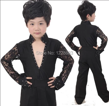 

New Black White Lace Sleeve Rhinestones Boys Dance Shirt Ballroom Latin Dance Wear / Men Boys Latin Dancing Shirts