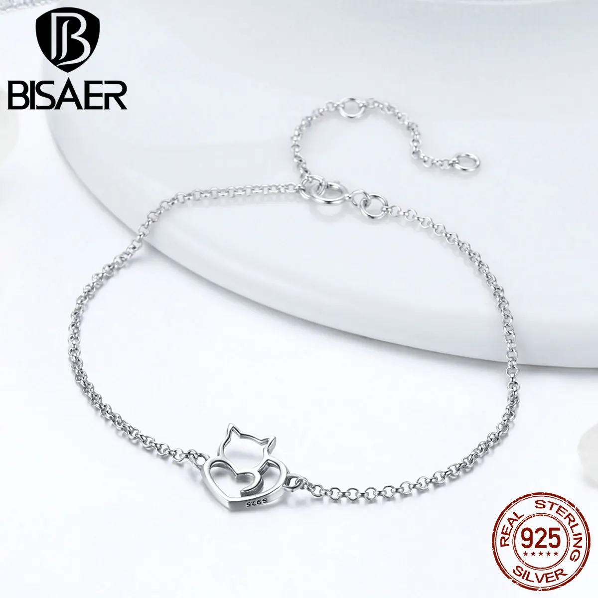 

BISAER Authentic 925 Sterling Silver Pet Cat Simple Animal Bracelets Bangles Chain Heart Link For Women Fine Jewelry ECB102