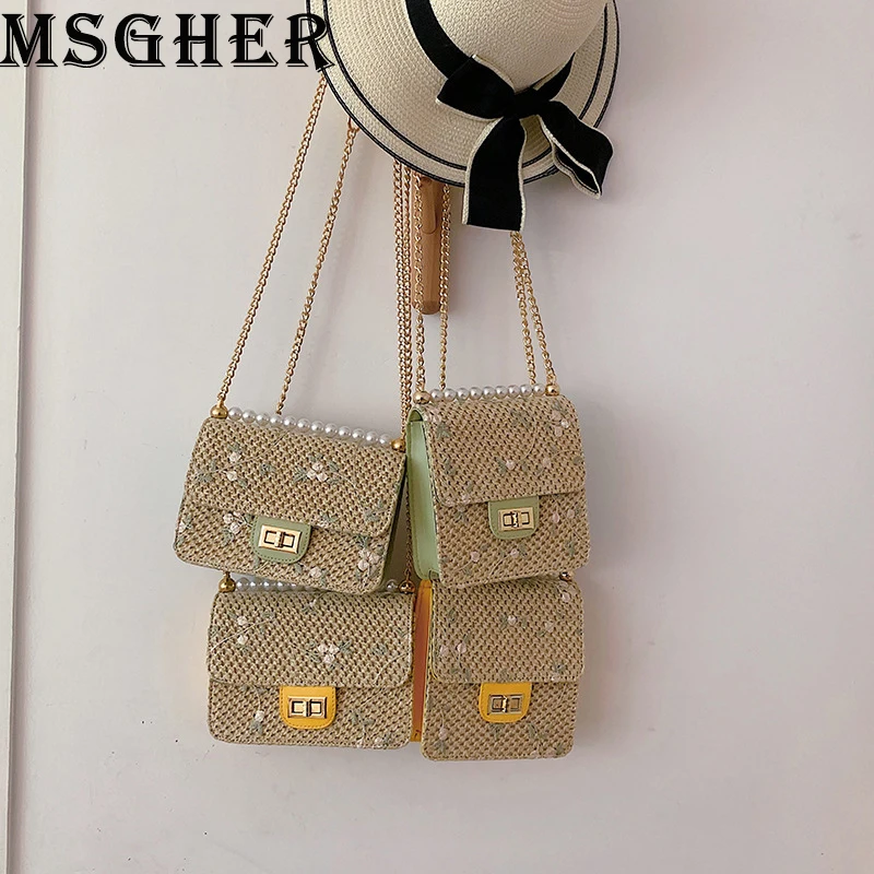 

MSGHER Straw Shoulder Bags Women Summer Fashion Beach Bags Female Embroidery Small Bags Fashion Pearl Vacation Bags