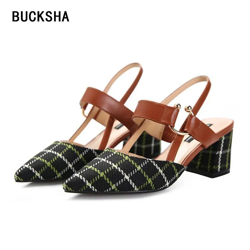 

BUCKSHA 5.5cm High Heels Sandals for Women Gingham Pumps Ladies Block heel Black Heeled Sandals Shoes Woman Casual Shoe