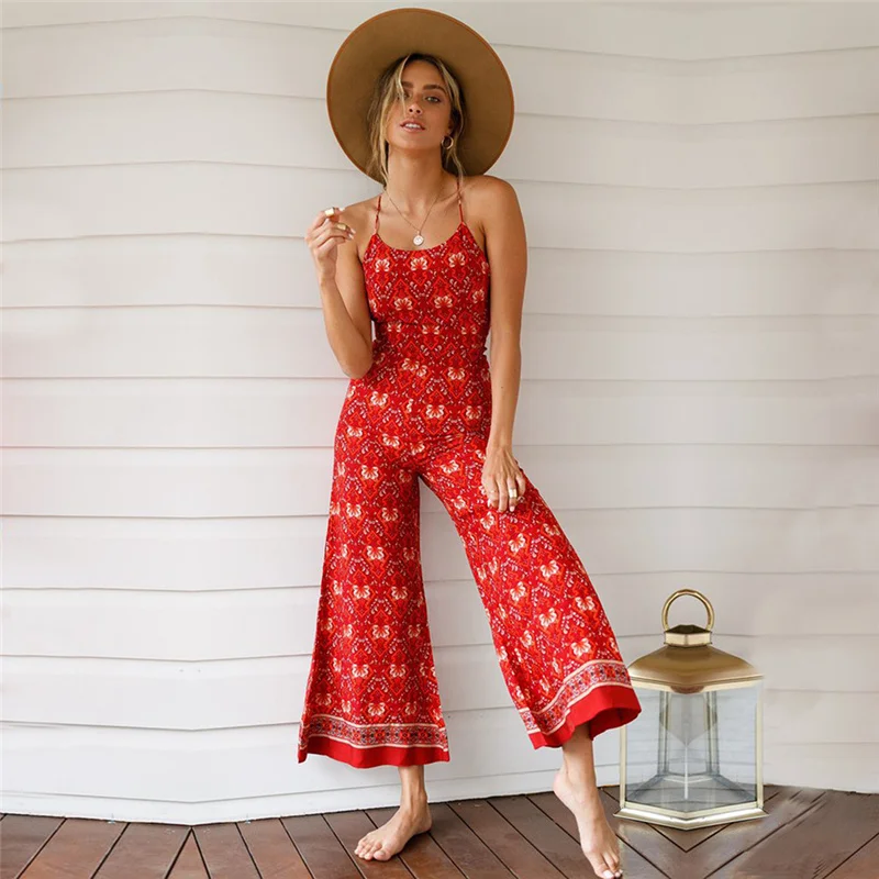 Women Casual Slim Long Jumpsuit 2019 Summer Fashion Women's Boho Printed Sleeveless Straps Backless Wide Leg Lace Up Long Pants Women Casual Slim Long Jumpsuit 2019 Summer Fashion Women's Boho Printed Sleeveless Straps Backless Wide Leg Lace Up Long Pants