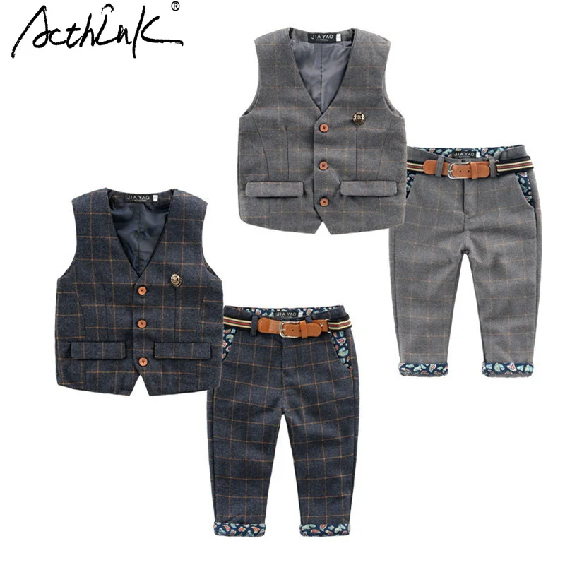 ActhInK/ детский Свадебный костюм в английском стиле, весенне-осенний Детский костюм с цветочным принтом и ремнем, комплект из 2 предметов, одежда для мальчиков, TC023