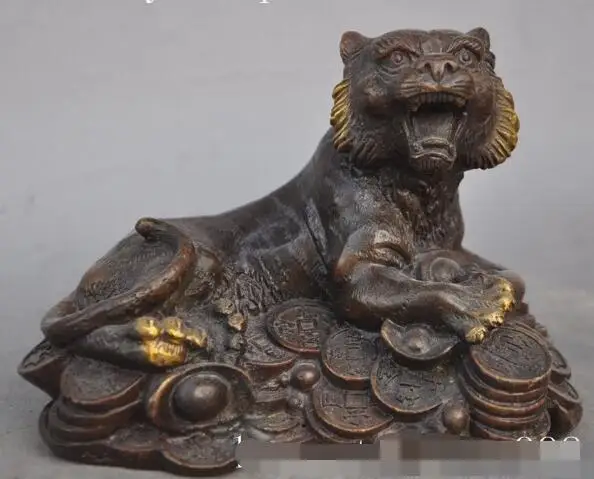 

S00889 6"chinese fengshui bronze gilt zodiac animal Ferocious tiger wealth lucky statue (A0321)