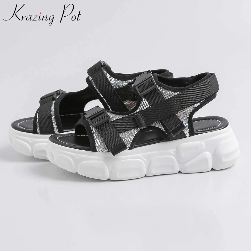 

Krazing Pot preppy style cotton fabric women wedges med heel concise design hook loop summer leisure streetwear chic sandals L78
