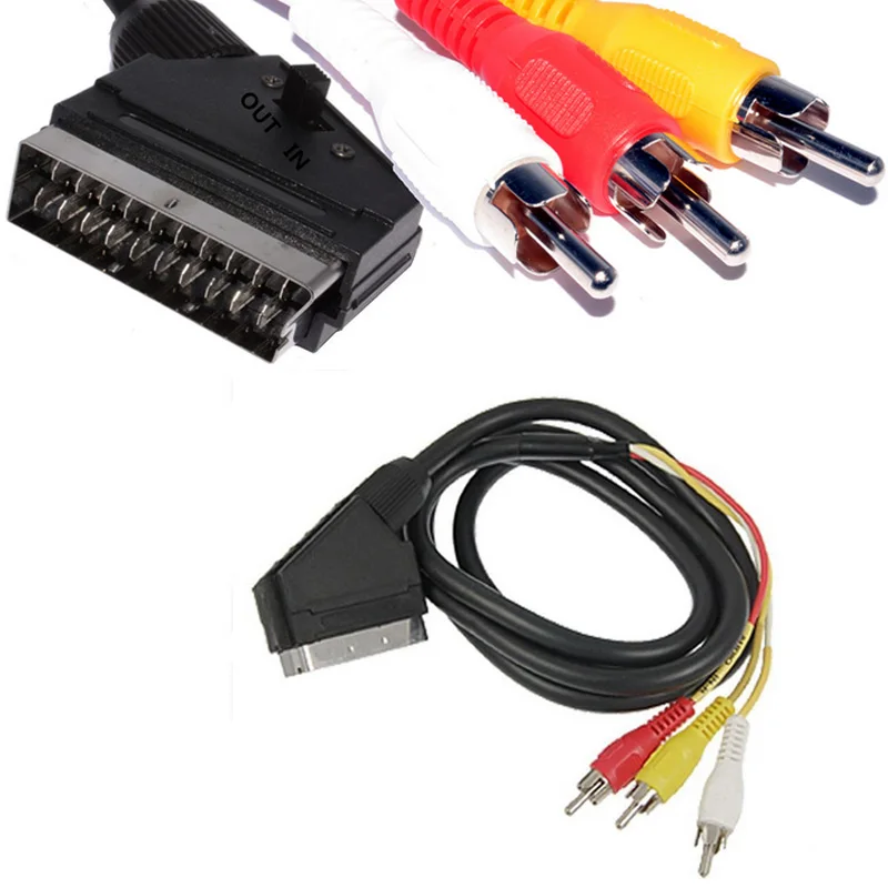 New Universal 1.5m 21 Pin Scart to 3 x Phono Cable IN OUT Switchable