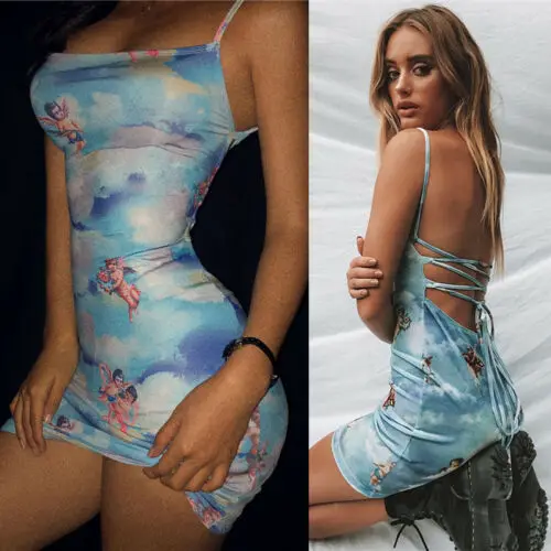 

Fashion Mini Dress Women's Sheath Sexy Spaghetti Strap Backless Lace Up Cupid Print High Waist Dress 2019 New Arrivals