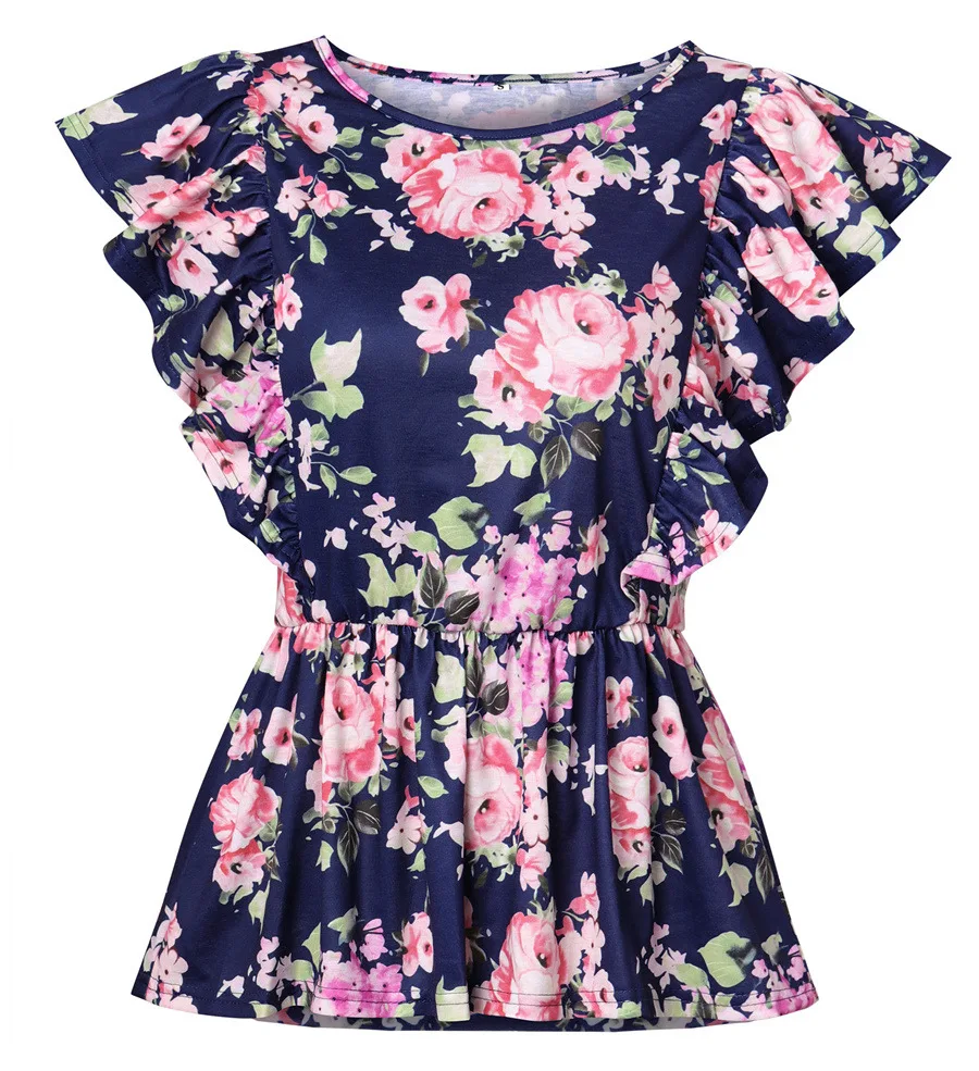 Gladiolus 2018 Floral Print Women T-Shirts O-Neck Butterfly Sleeve Blue Red Slim T Shirt Women Summer Casual Ruffled Ladies Tops (25)