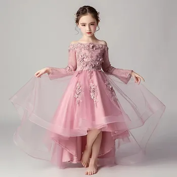 

3~15yrs Children Girls Luxury Fashion Birthday Wedding Party Front Short Back Long Tail Lace Dress Kids Teens Evening Dress Wear