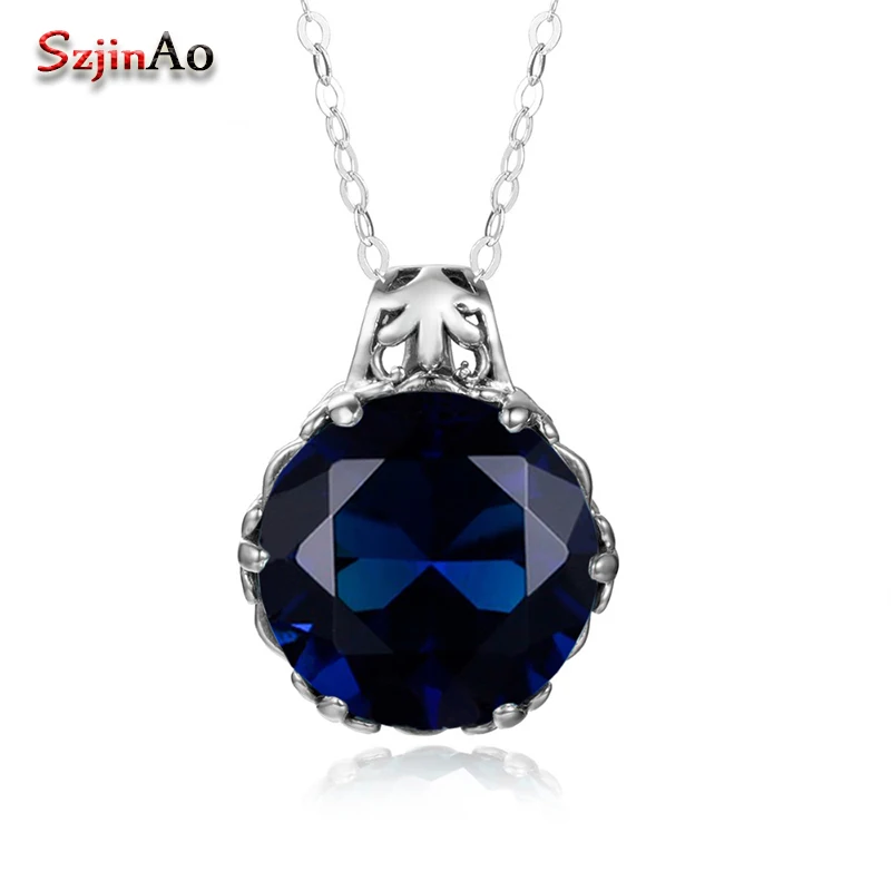 

Szjinao Fashion Africa Necklace Gift Real 925 Sterling Silver Pendant Wholesale Round Sapphire Women Vintage Trendy Jewelry