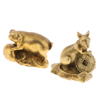 

2x Twelve Zodiac Animal Figurine Brass Chinese Shengxiao Pig Rat Sculpture New Year Gift Business Present
