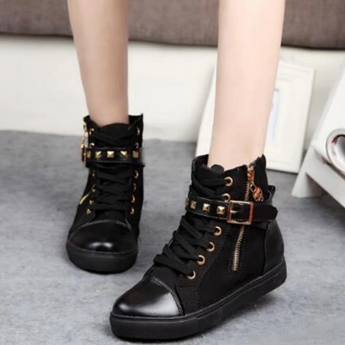 

2018 Fashion New Womens Canvas Shoes Rivets Lace Up High Tops Flats Shoe Lady aa0840
