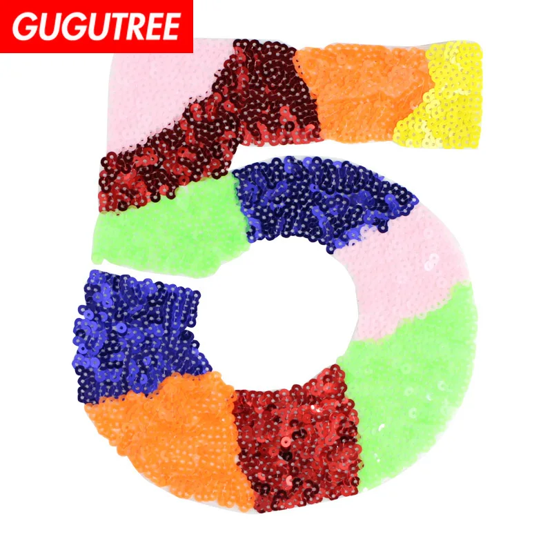

GUGUTREE embroidery Sequins big 5 patches letter patches badges applique patches for clothing XC-466