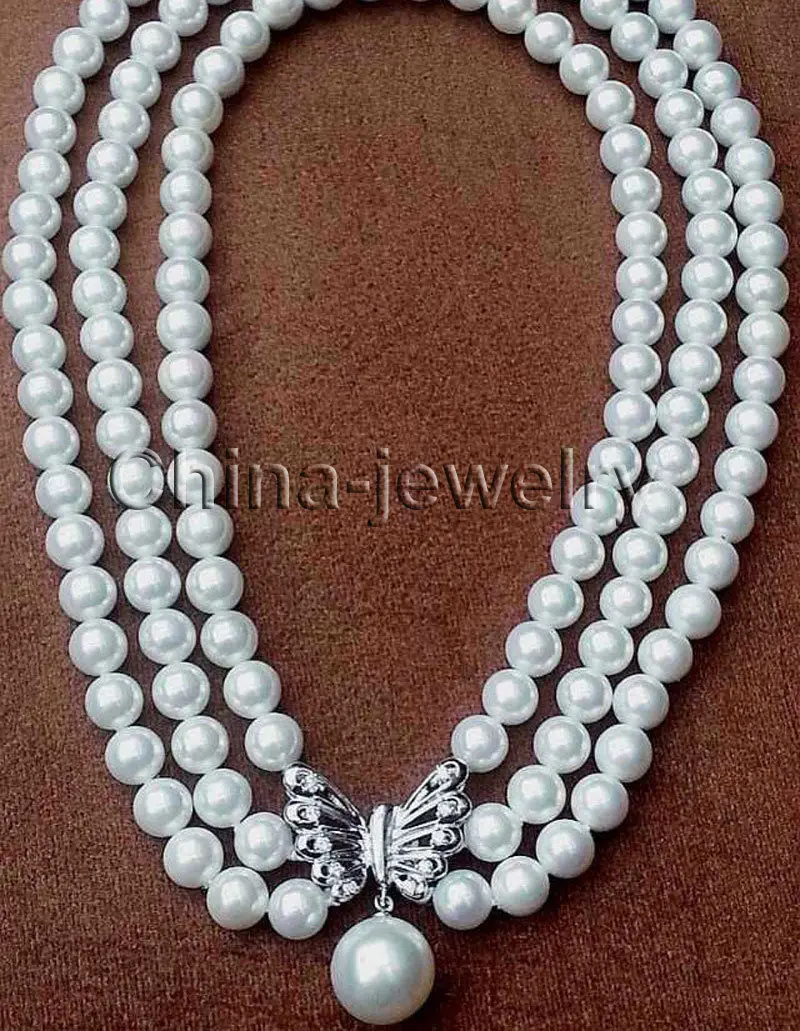 

FREE SHIPPING HOT sell new Style >>>>17-19" 3row 8mm white perfect round sea shell pearl necklace + 16mm pendant - GP