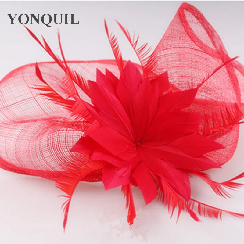 Красивый цветок перо красные fascinators шляп шляпы с гребни Sinamay Свадебные Дерби церковь аксессуары несколько цветов