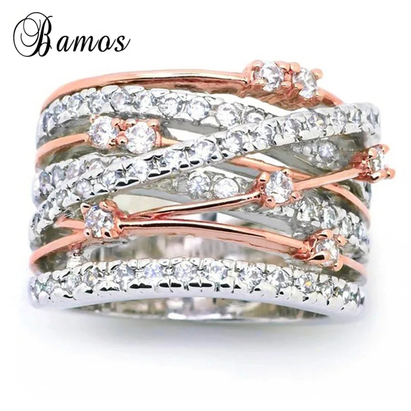 

Bamos Vintage Cross Branch Engagement Ring Luxury Zircon Big Wedding Rings For Women Fashion Rose Gold Color Jewelry Best Gift