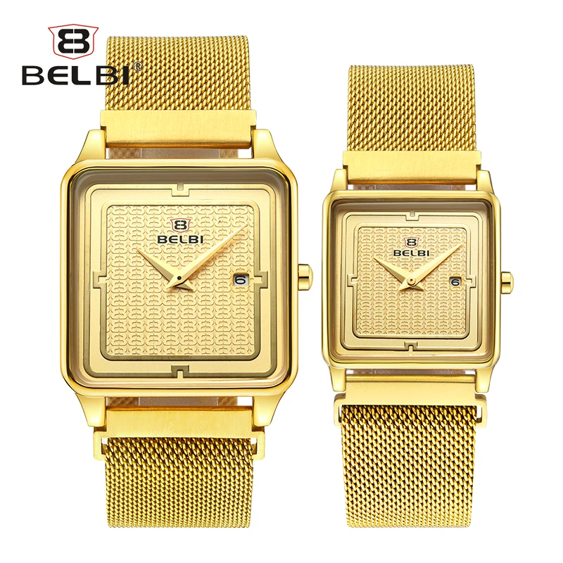 

Belbi Couple Watches Rectangle Simple Date Best GIft for Lovers Wristwatches Ultra-thin Steel Waterproof Quartz Watch Brand
