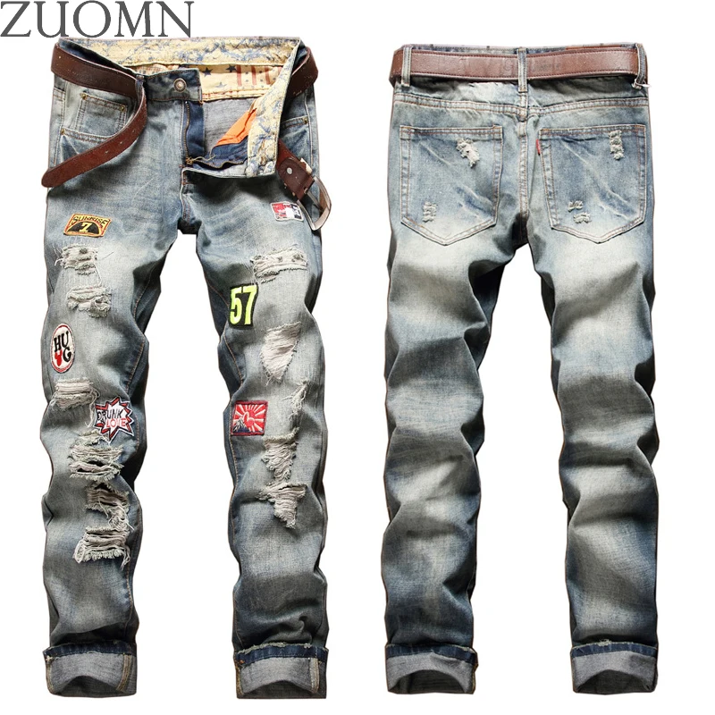 

2017 Fashion Vintage Mens Ripped Jeans Pants Men Causal Denim Hip Hop Denim Joggers Male Novelty Streetwear Jean Trousers Y27