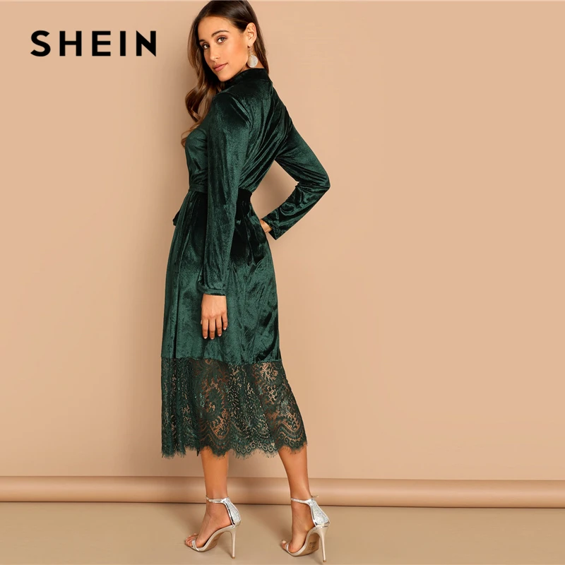 SHEIN Бархатное Платье С Поясом Элегантное Длинными Рукавами И Кружевом Осеннее
