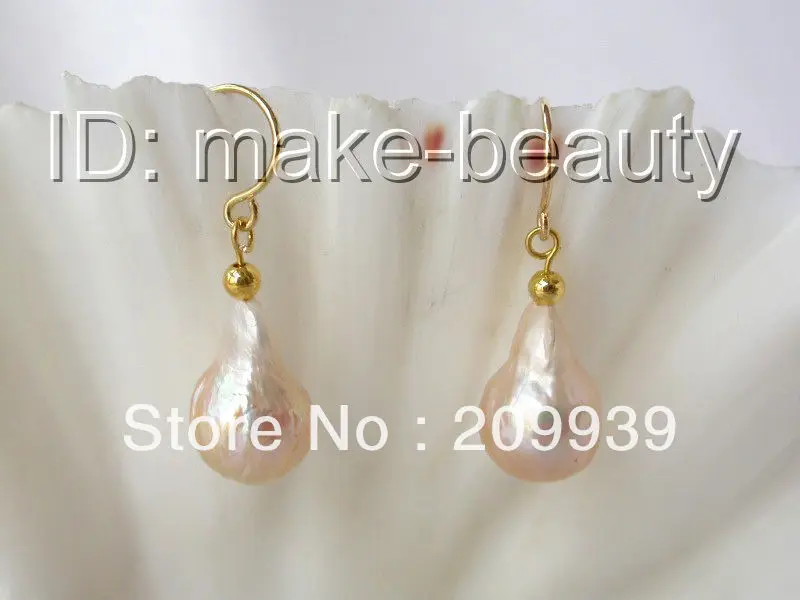 

hj 0085 big 15mm baroque pink Edison keshi reborn pearl dangle earrings 14K