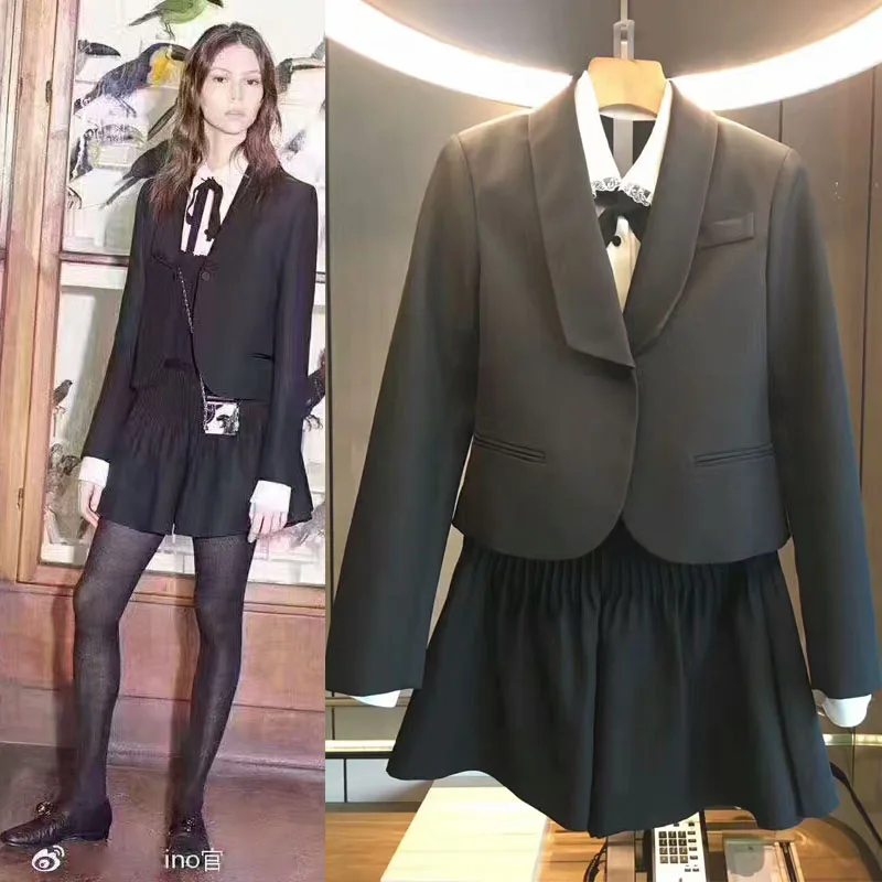 

women amazing suit jacket top and skirt 3 piece set,elegant office two piece set,women black silk blouse and suit top and skirt