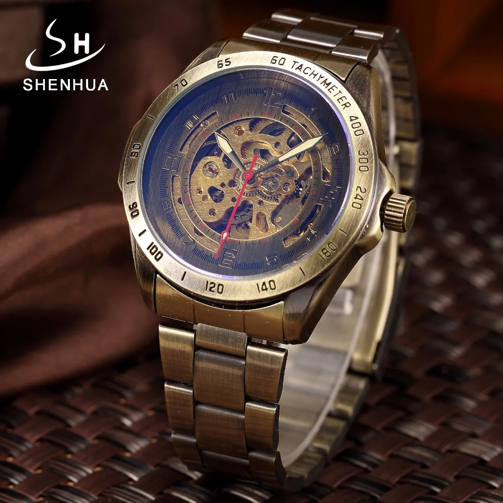 Bronze do Vintage Mecânica dos Homens Relógios de Metal Relógio Automático Esqueleto Masculino Steampunk Transparente Completo Montre Homme